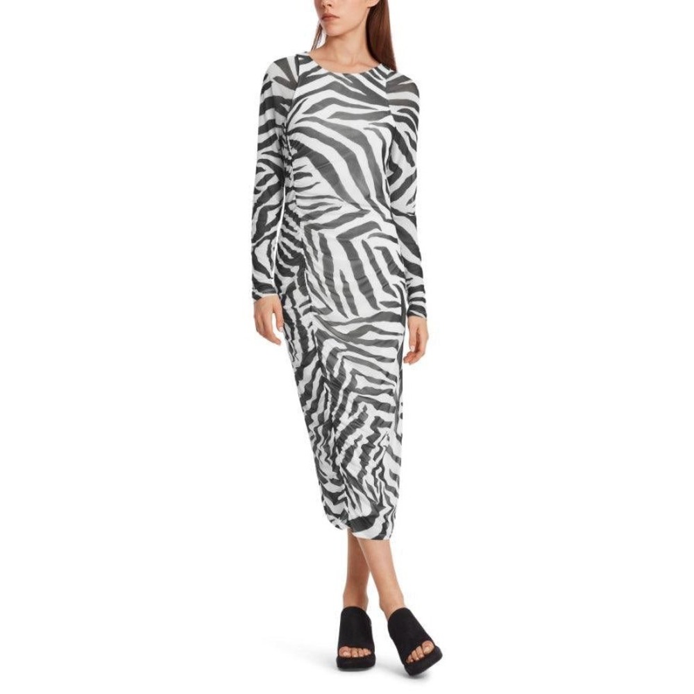 Marc Cain Zebra Ruched Mesh Sheer Long Sleeve Midi Dress Black White N1 US 2-4